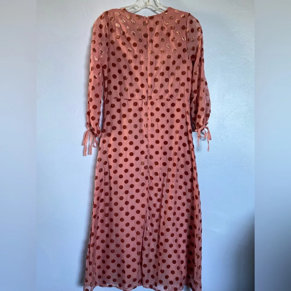 Great condition, Romantic Soft Pink Midi Dress with Velvet Polka Dot details, S - Picture 2 of 3
